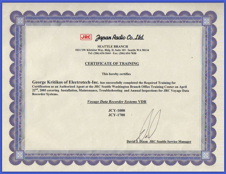 JRC VDR Certificate